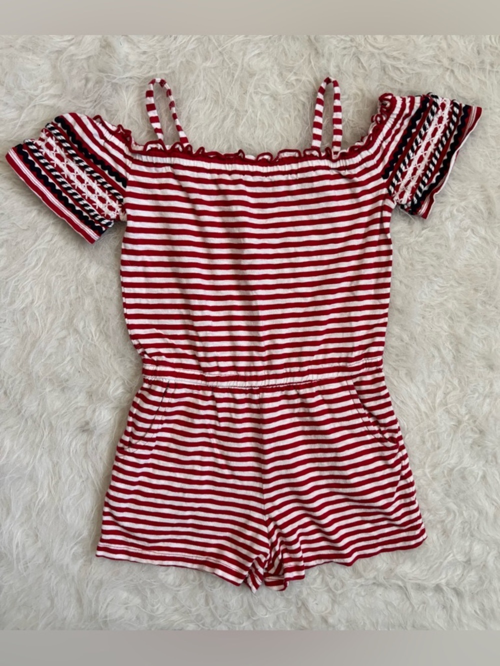 Cat & Jack Festive Americana Red and White Striped Off-Shoulder Romper